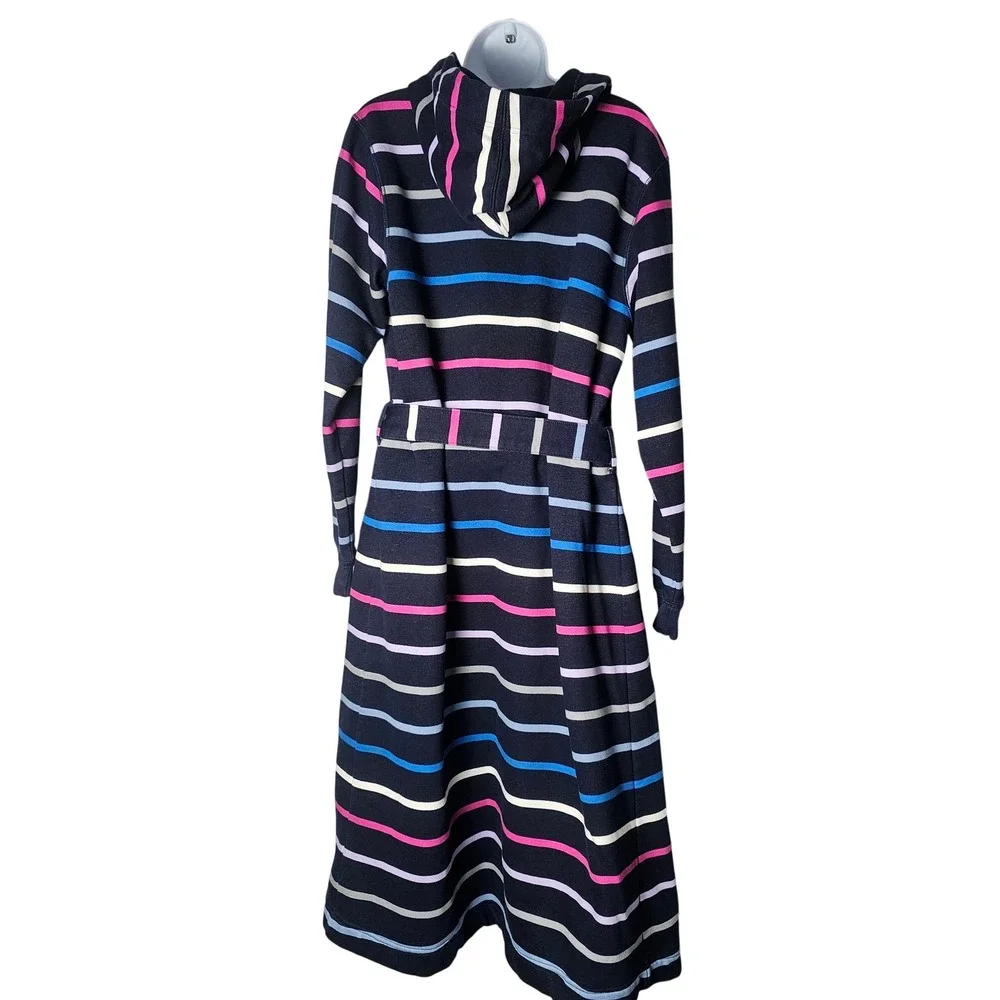 Lands End Serious Sweats Hooded Robe Womens L 14/16 Navy Striped Bathrobe Fleece